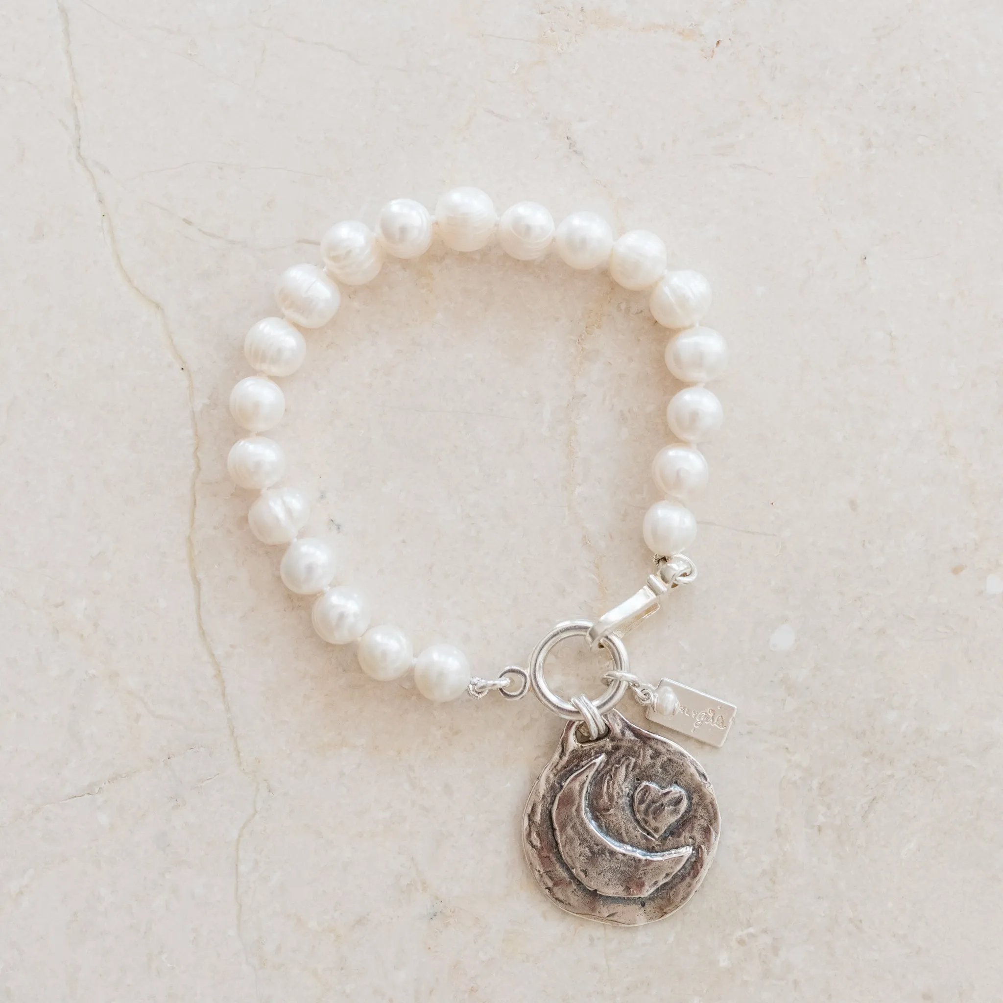 Abigail Pearl Bracelet | Sterling Silver Heart & Moon Disc | Love Token | By Pearly Girls