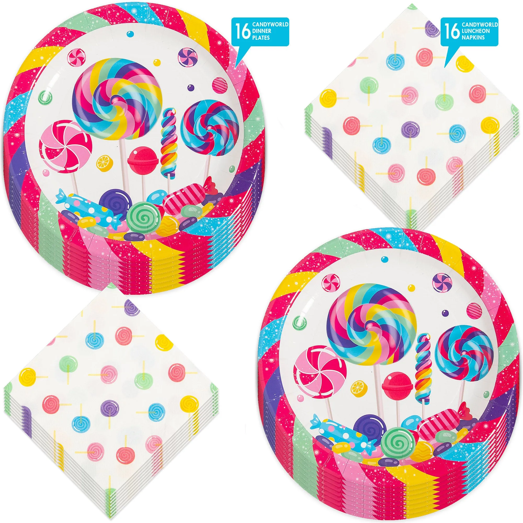 Candy Party Lollipop and Sweets Paper Dinner Plates and Napkins (Serves 16)