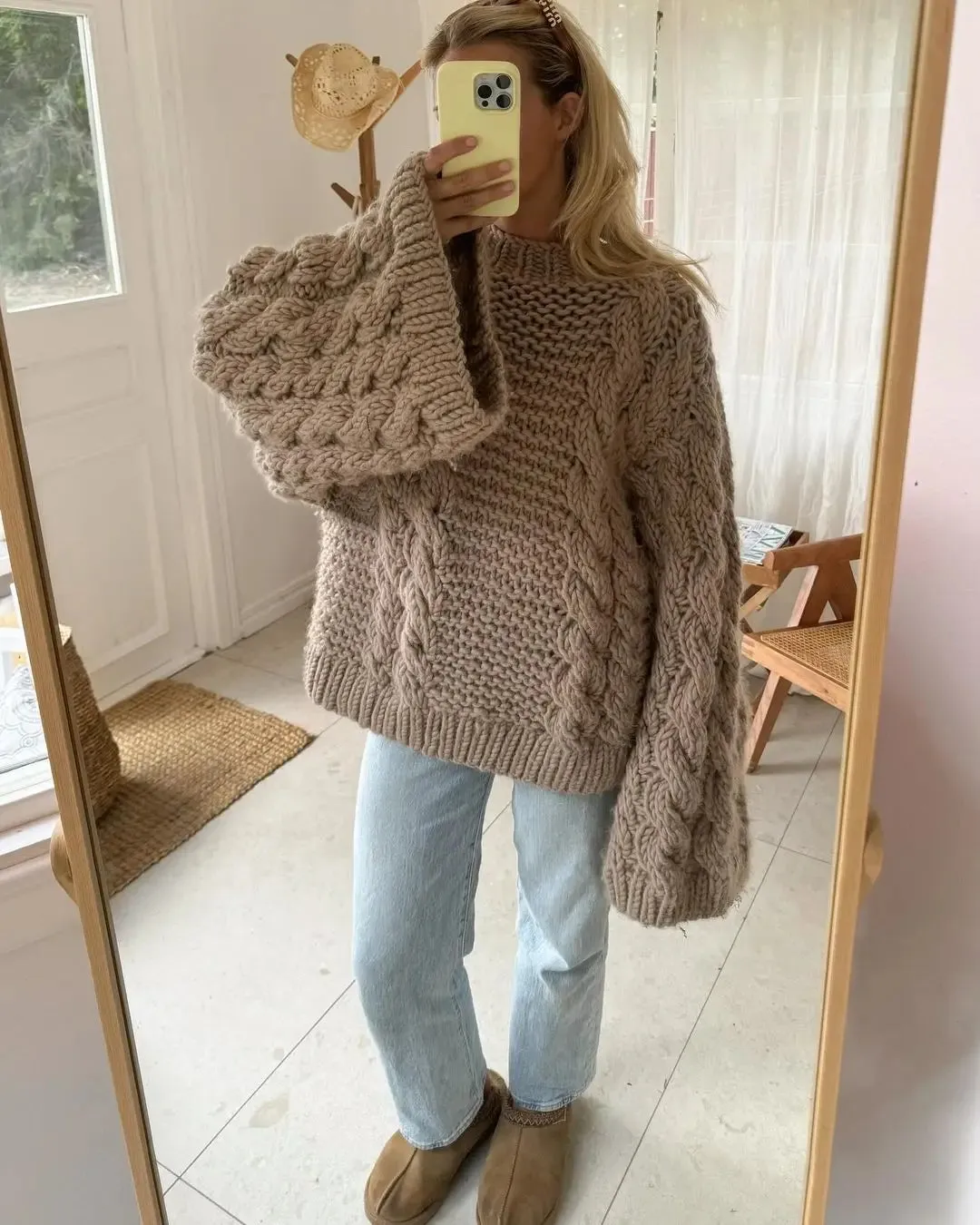 Flytonn-Women Casual Oversized Twist Knitted Sweater Chic O-neck Long Sleeve Knit Pullover 2024 Autumn Lady Warm Street Solid Knitwear