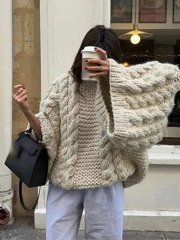 Flytonn-Women Casual Oversized Twist Knitted Sweater Chic O-neck Long Sleeve Knit Pullover 2024 Autumn Lady Warm Street Solid Knitwear