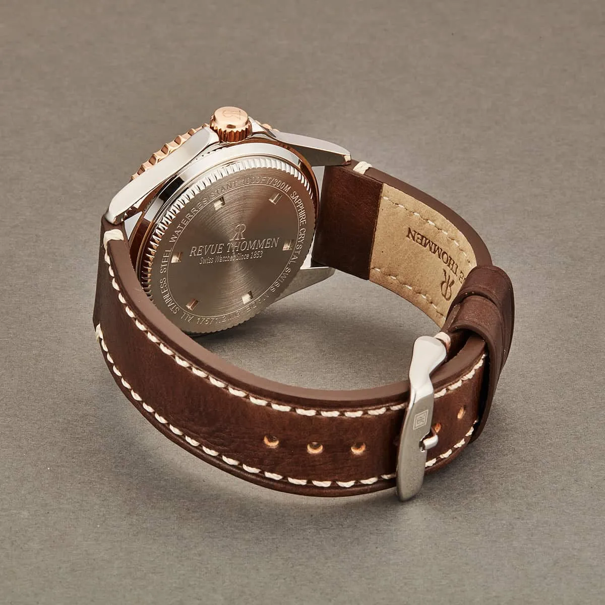 Revue Thommen Men's 17571.2557 'Diver' Black Dial Light Brown Leather Strap Two Tone Swiss Automatic Watch