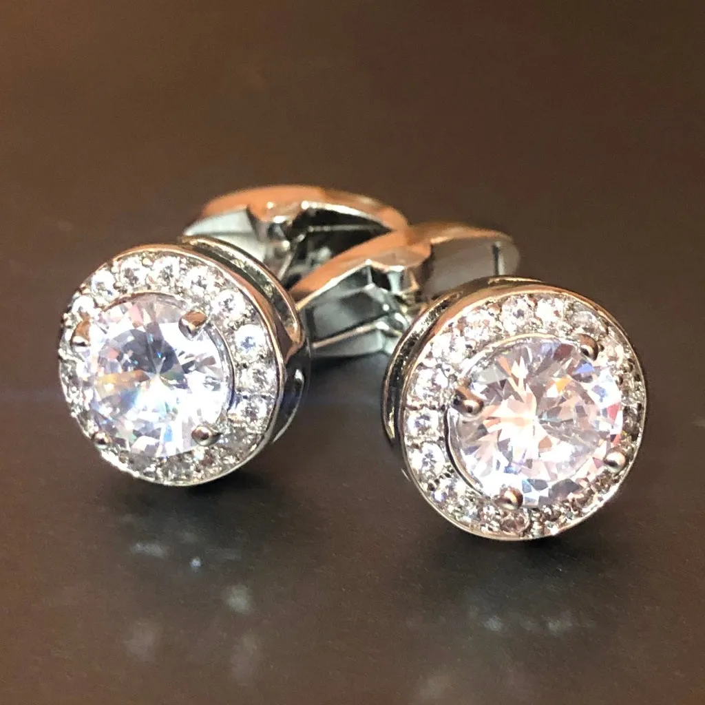 Round Silver Cufflinks with Crystal