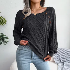 Women's Square Neck Button Fried Dough Twist Knitting Sweater