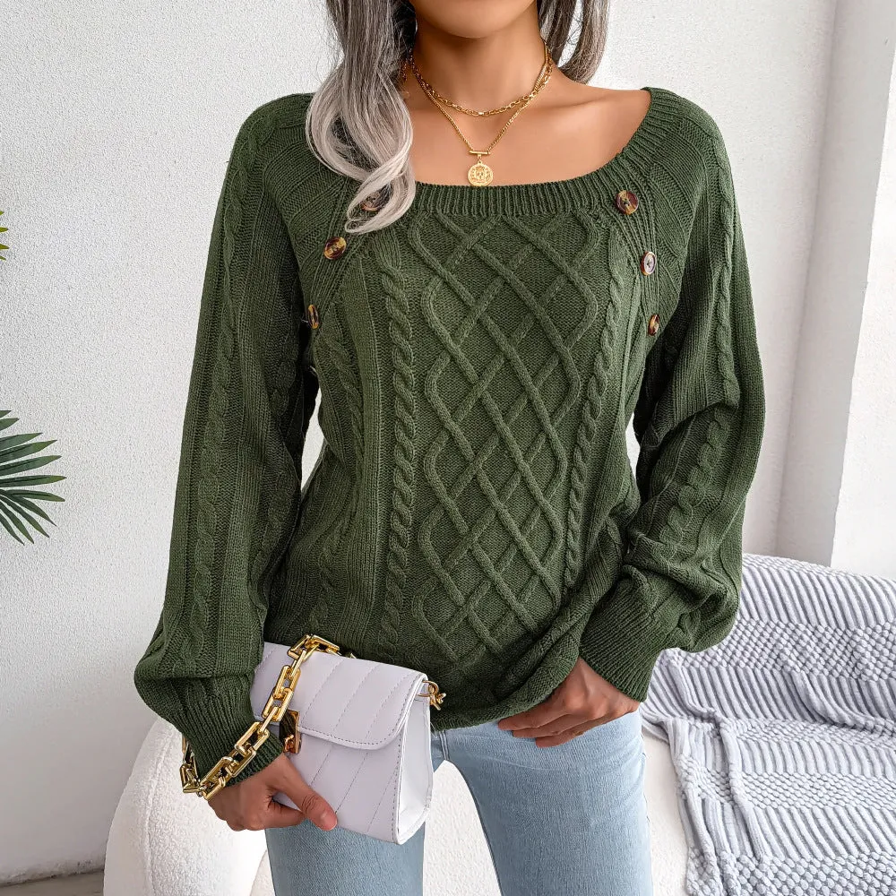 Women's Square Neck Button Fried Dough Twist Knitting Sweater